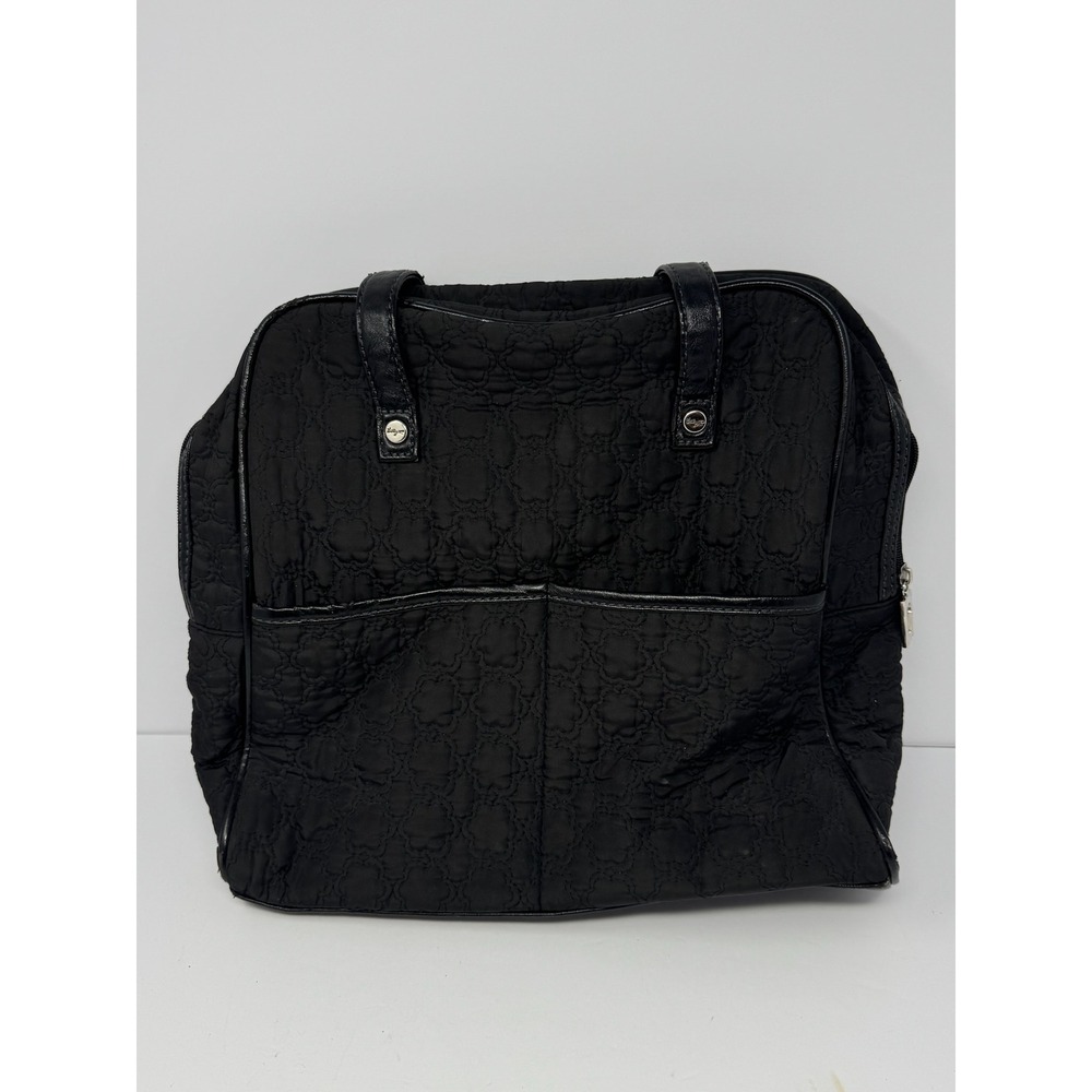 Thirty-One Black Quilted Floral Tote Bag Striped Lining Shoulder Bag